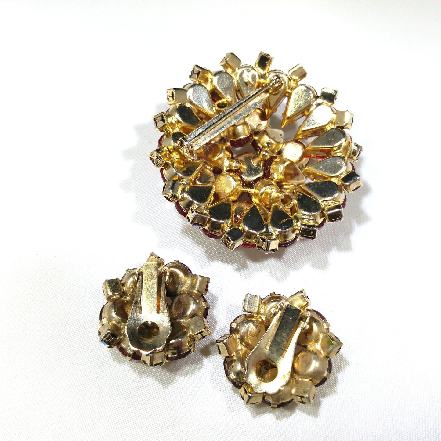 Red Rhinestone Aurora Borealis Brooch Earrings Set, Gold Plated, 1960s Vintage Jewelry