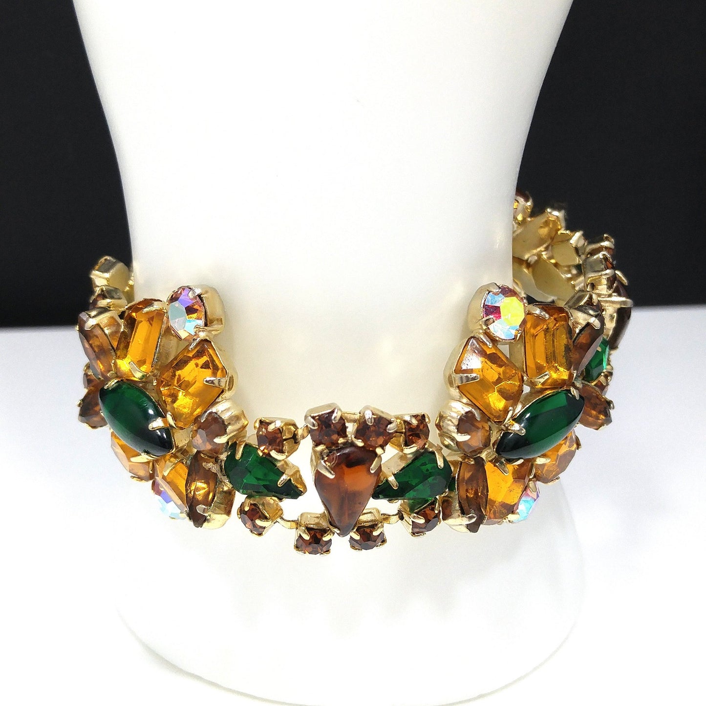 Light Topaz & Green Rhinestone Bracelet, Gold Plated, Aurora Borealis, 1960s Vintage Jewelry