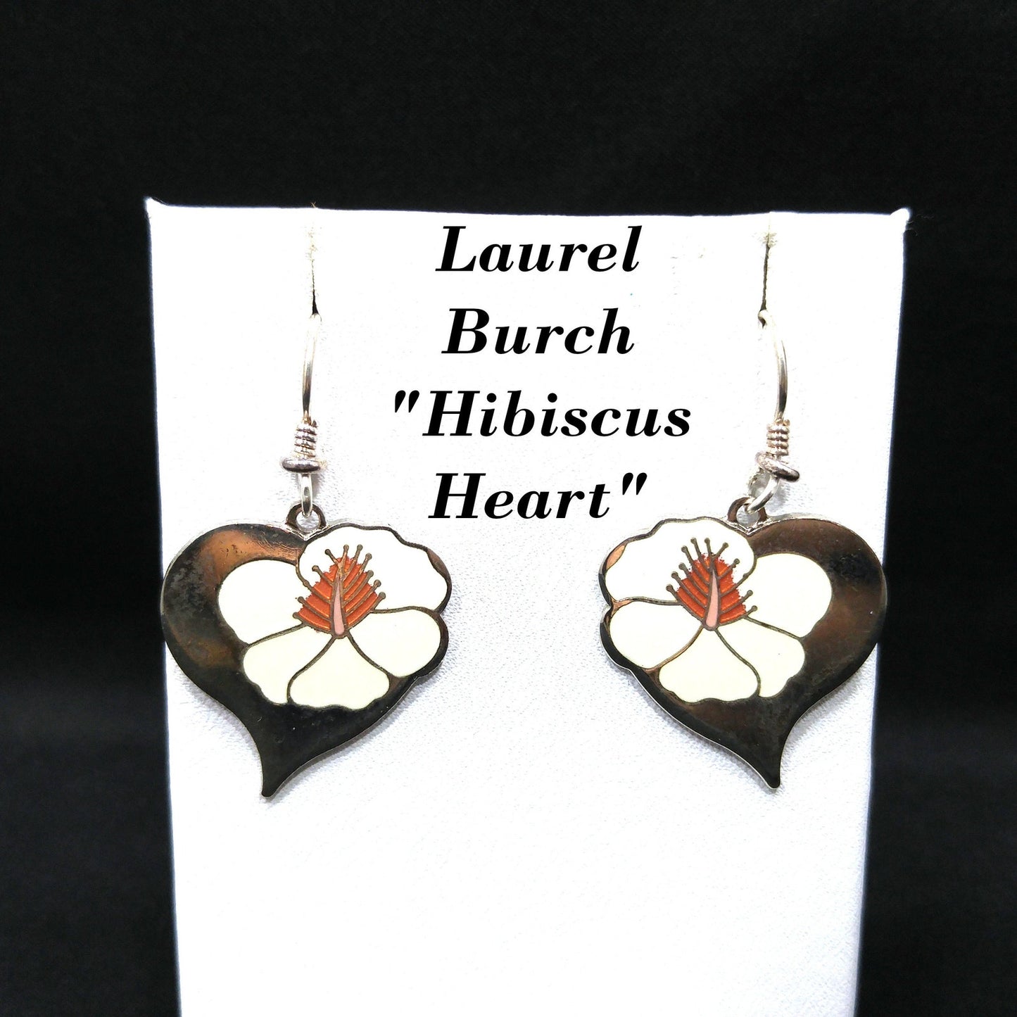 Vintage Laurel Burch "Hibiscus Heart" Earrings, Enamel Rhodium Plated