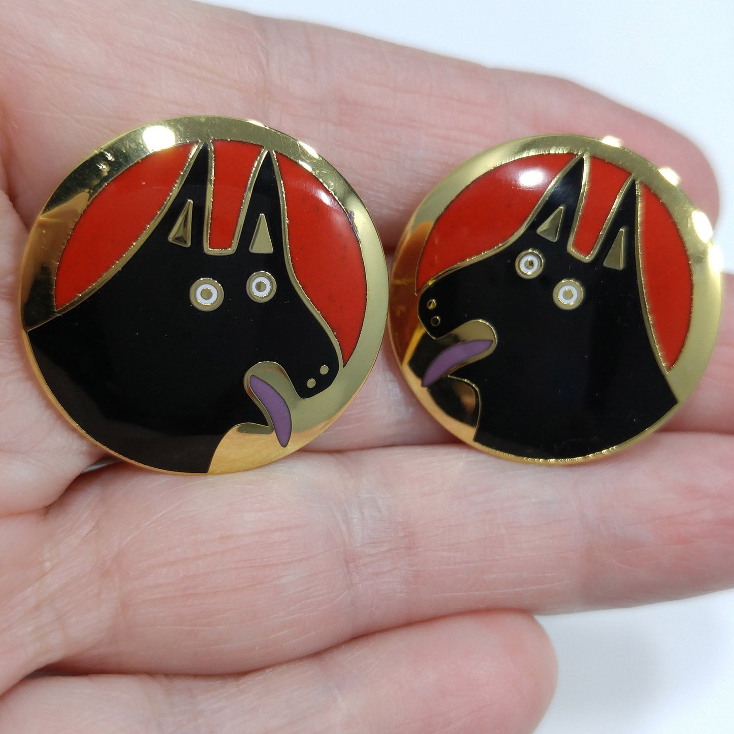Laurel Burch BASSO Dog Earrings, Gold Plated, 1980s Vintage Jewelry