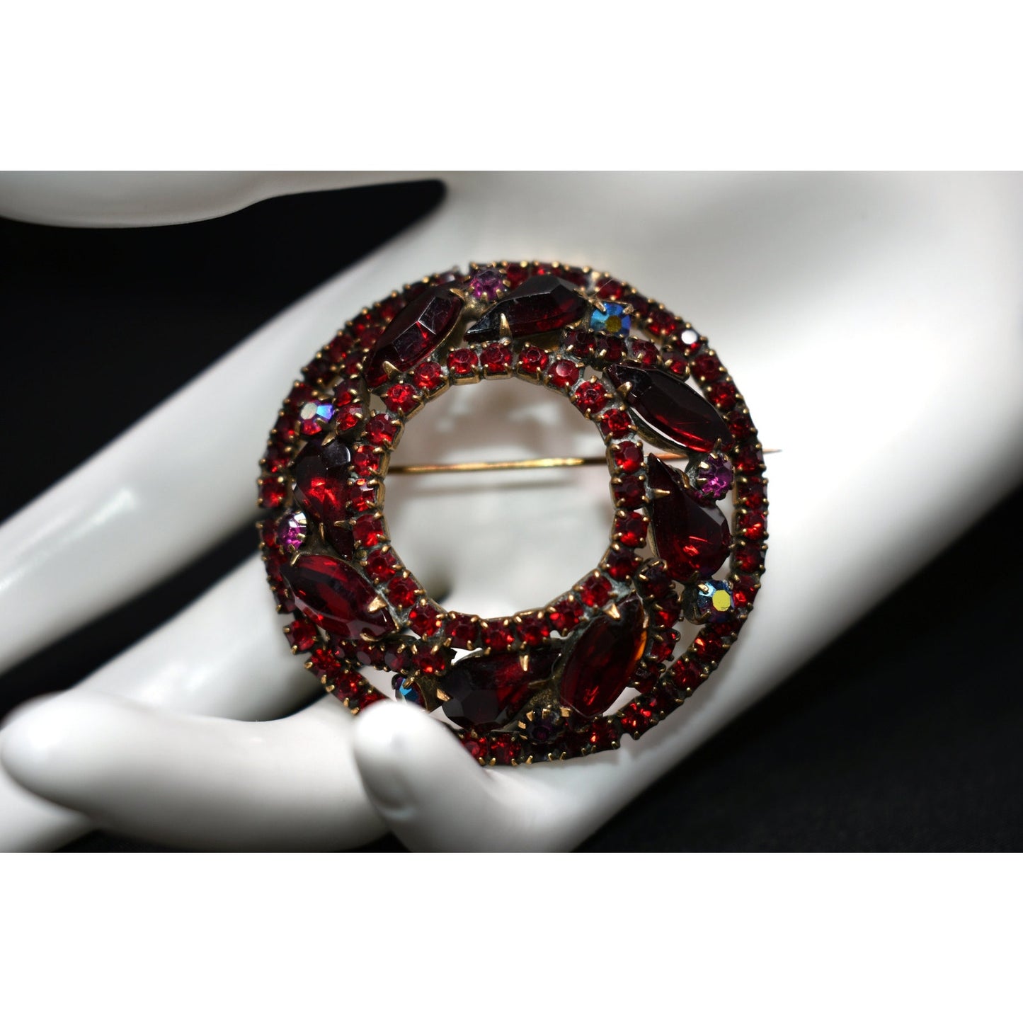 Vintage Weiss Red Rhinestone Domed Wreath Brooch, Aurora Borealis, Antique Gold Plated, 1950s