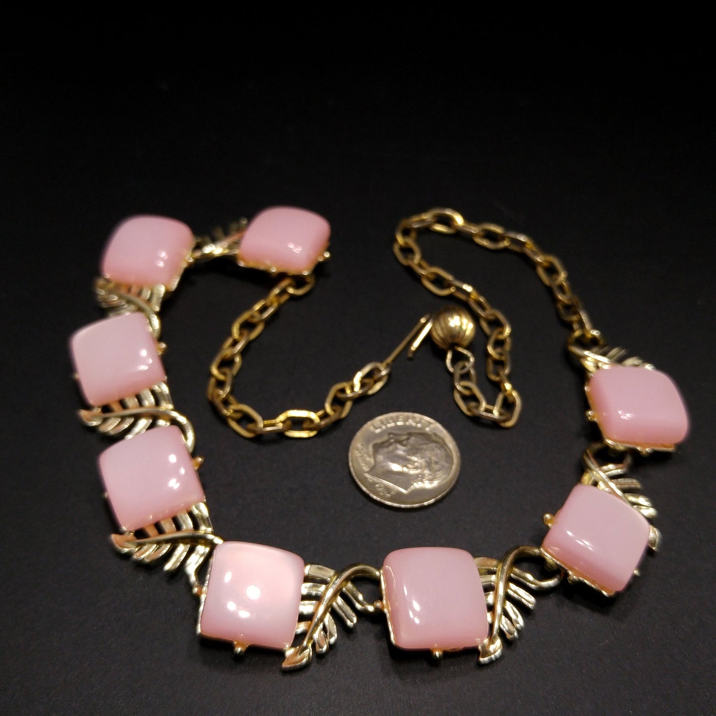 Mid-Century Pink Moonglow Choker Necklace, Lucite Squares, 1950s Vintage Jewelry