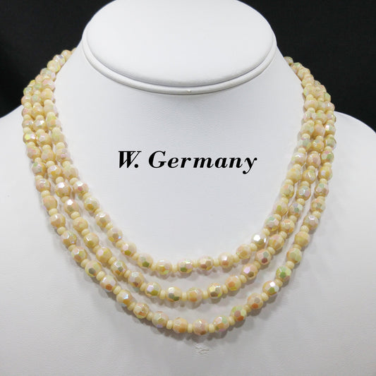 West Germany Fire Polished Beige Beaded Necklace, Three Strands, 1950s Vintage Jewelry