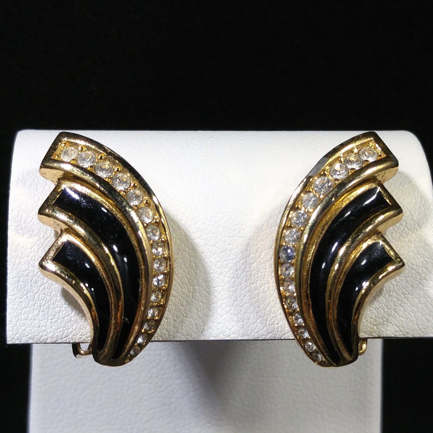 Christian Dior Black Enamel Earrings, Gold Plated, Pave Rhinestones, 1980s Vintage Jewelry