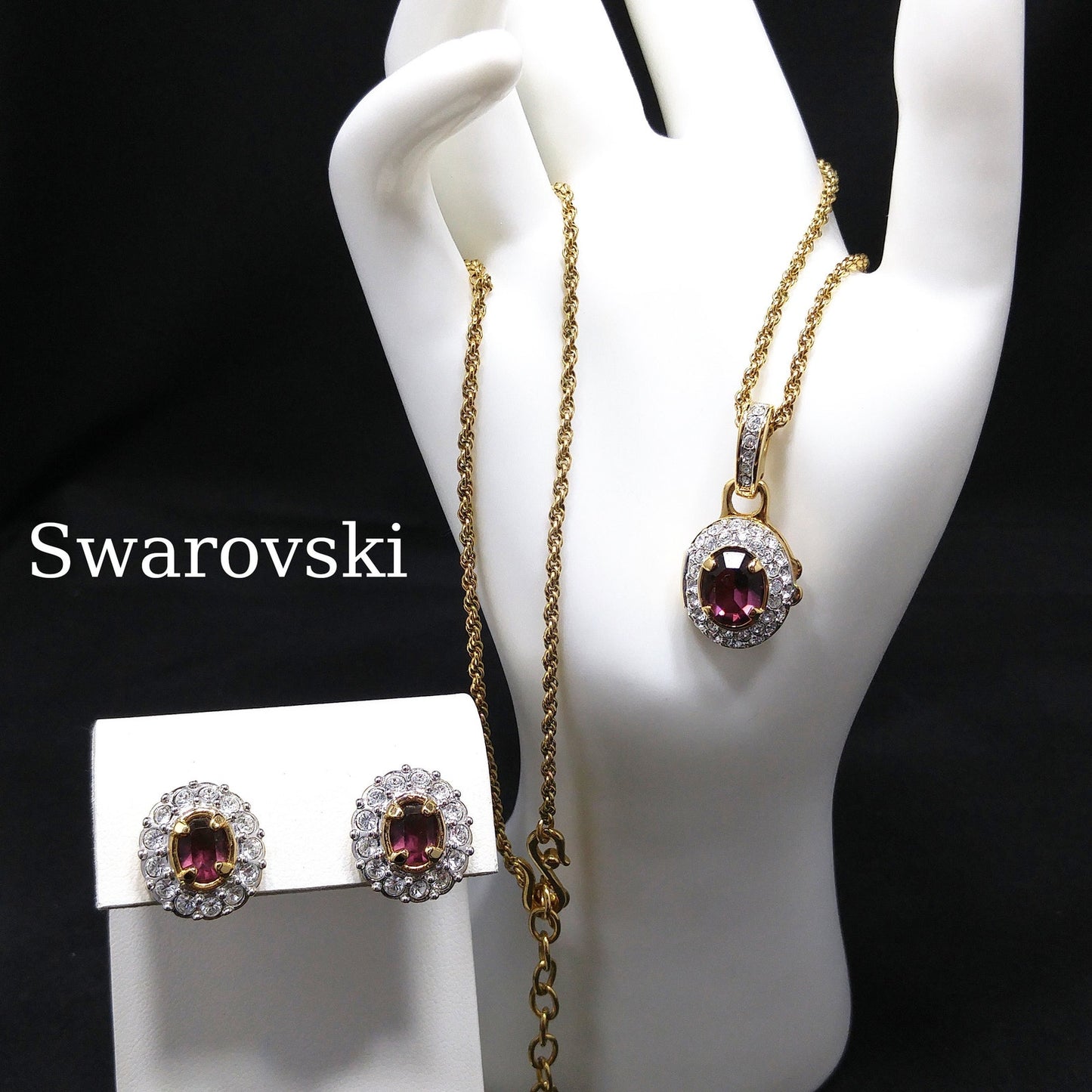 Vintage Swarovski Swan Logo Purple Crystal Locket Necklace & Earrings Set 1990s