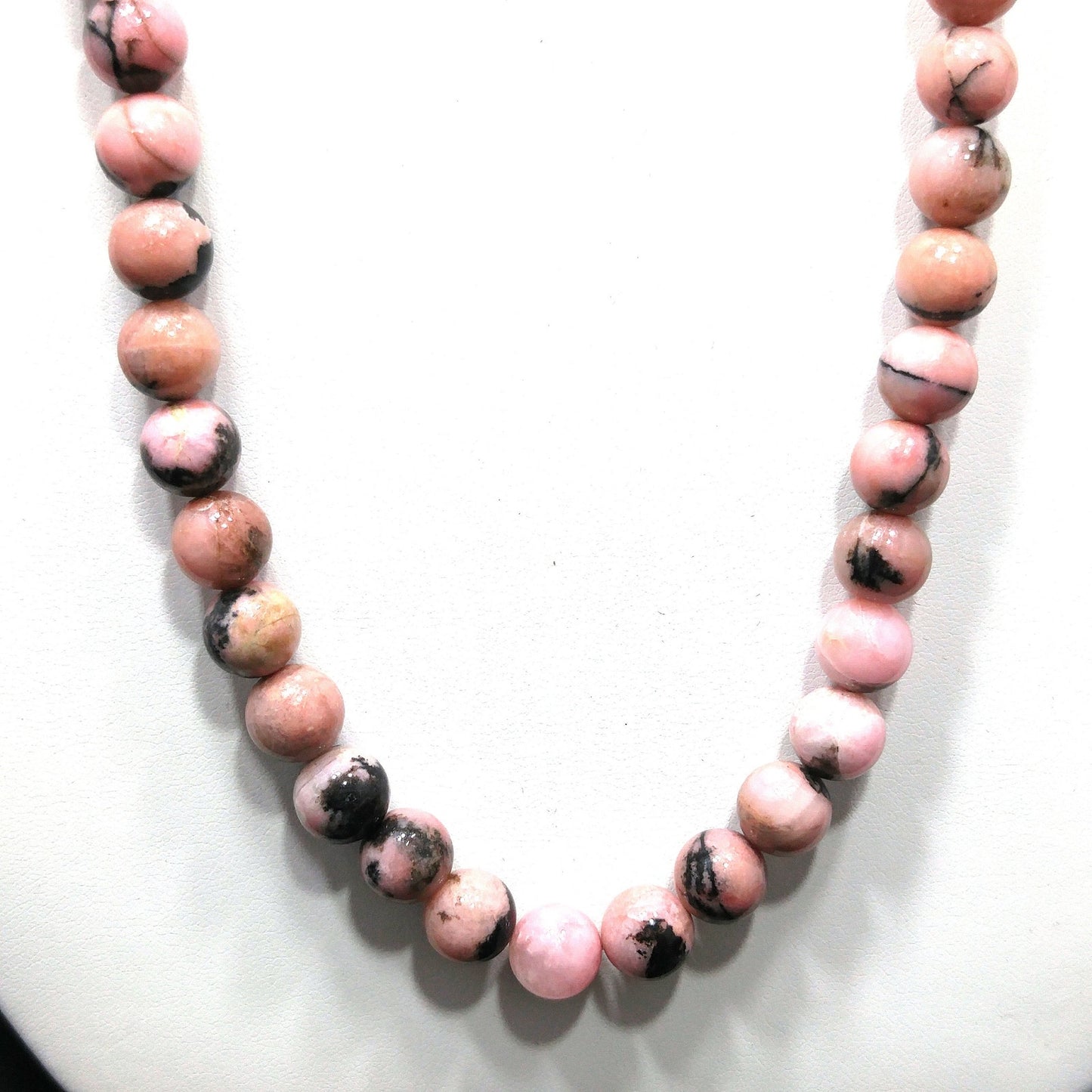 Pink Black Gemstone Beaded Necklace, Rhodonite 10mm Beads, 1970s Vintage Jewelry