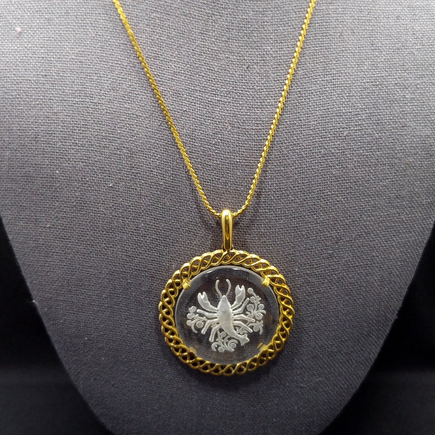 Vintage Crown Trifari Zodiac "Cancer" Necklace, Glass Intaglio Crab, Gold Plated, 1960s Vintage Jewelry