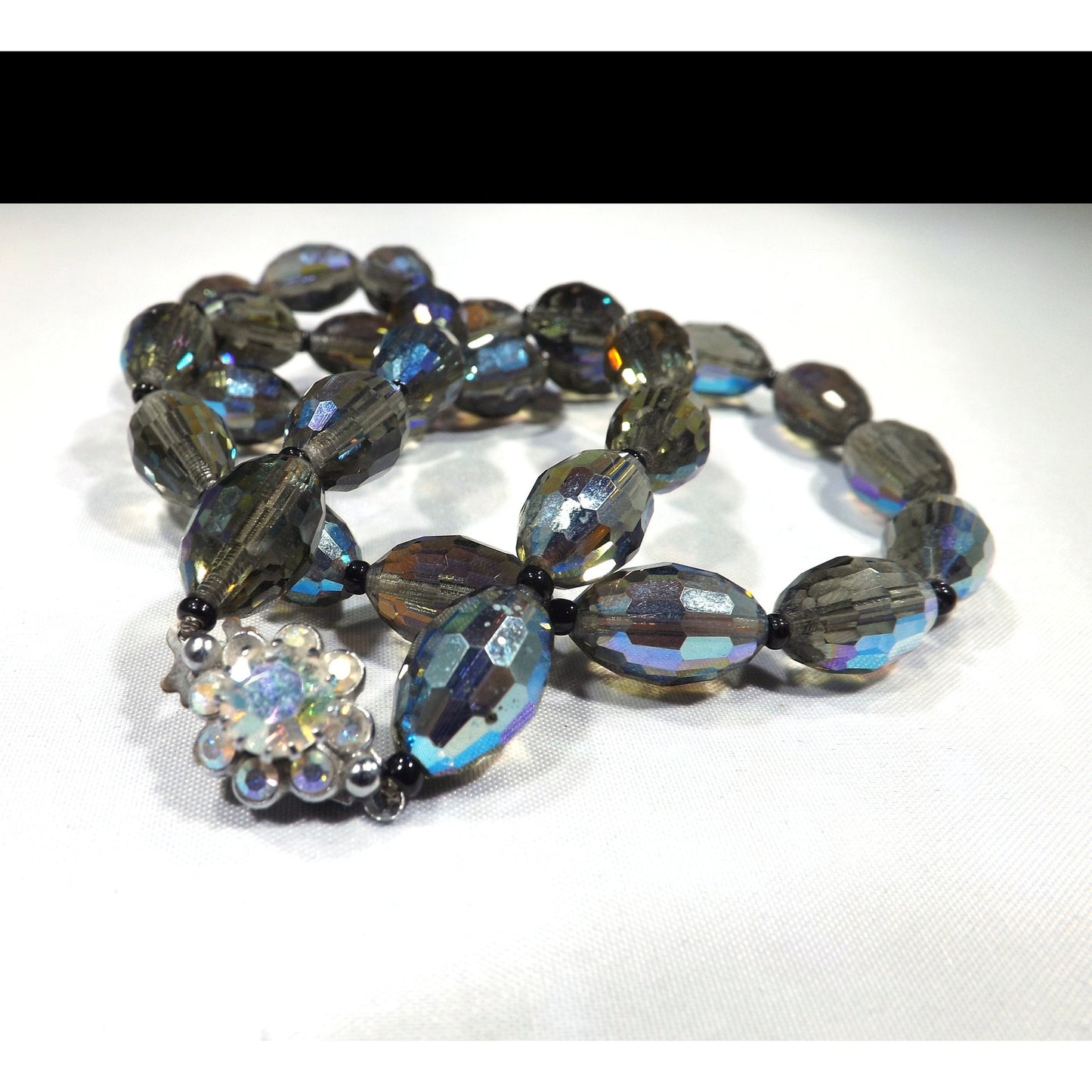 Vintage Chess Oval Aurora Borealis Crystal Beaded Necklace, Rhinestone Clasp, 1960s Vintage Jewelry