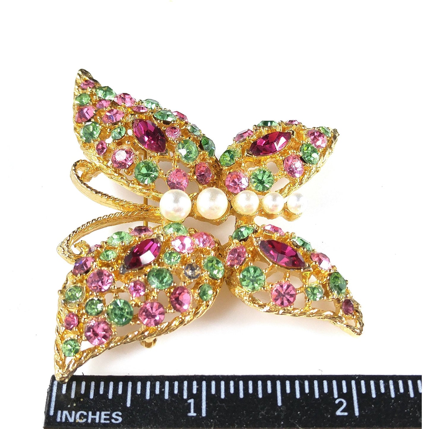 Vintage Pastel Rhinestone Butterfly Brooch, Faux Pearl Body, Uranium Glass, Vintage Jewelry