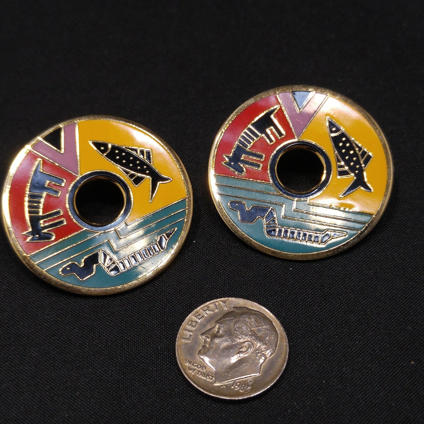 Laurel Burch "Artifact" Post Earrings, Fish Snake Dog Enamel Cloisonne, 1980s Vintage Jewelry