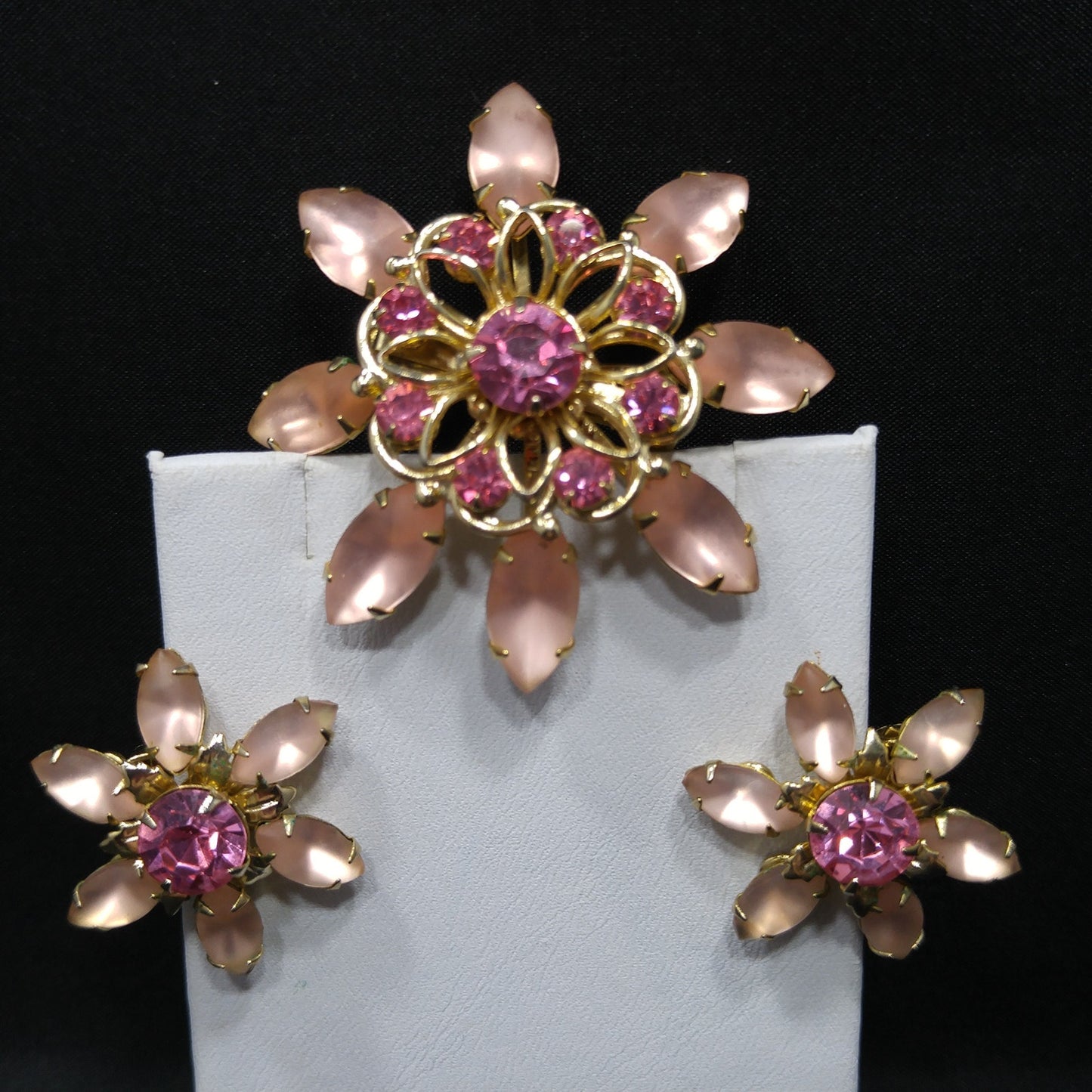 Mid-Century Pink Flower Brooch & Earrings, Frosty Light Pink Cabs, Hot Pink Rhinestones, 1950s Vintage Jewelry