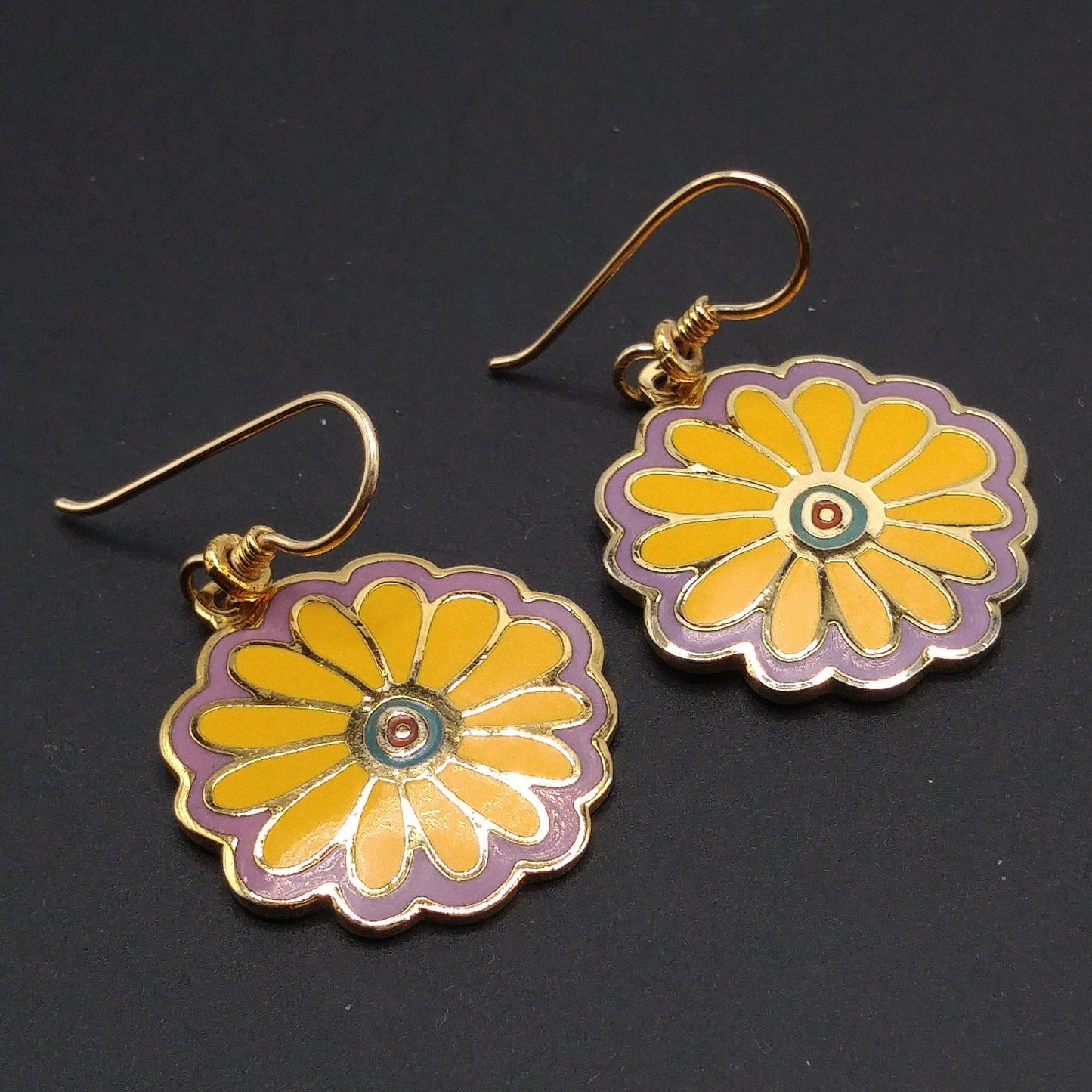 Laurel Burch "Flower Song" 1993 Flower Earrings, Gold Plated, Yellow Purple Enamel, 1990s Vintage Jewelry