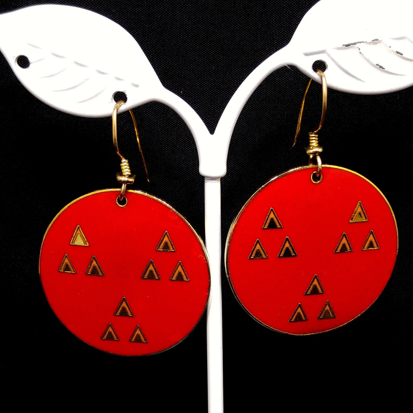 Vintage Laurel Burch "Himalaya" Dangle Earrings, Red Enamel, Gold Plated