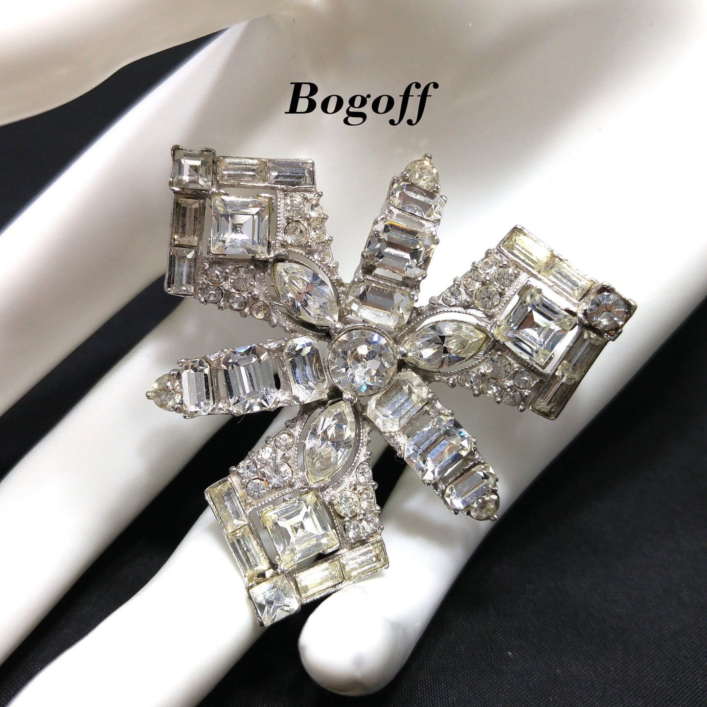 Bogoff Clear Rhinestone Wedding Brooch, Rhodium Plated, 1950s Vintage Jewelry