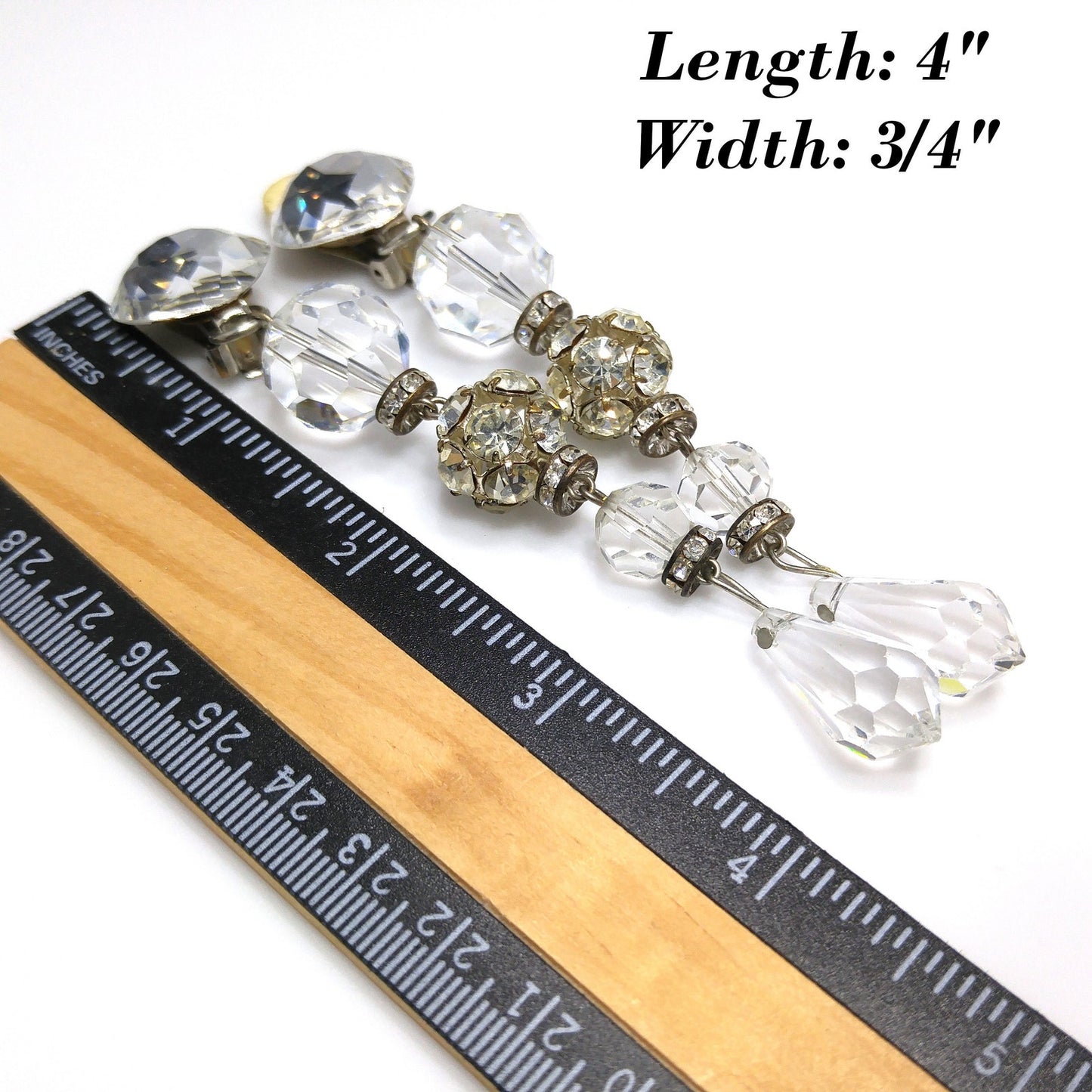 Vintage Diane Lauren Long Crystal Drop Earrings 1980s Clip On Runway Signed