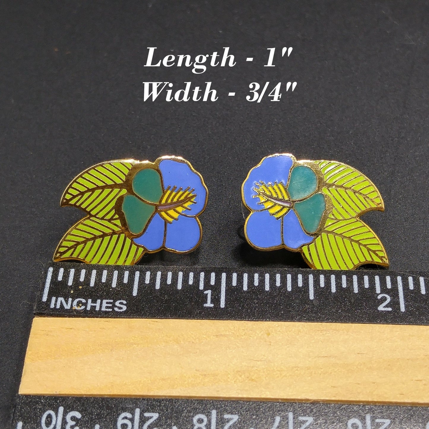 Vintage Laurel Burch Blue Green "Hibiscus" Post Earrings, Gold Plated