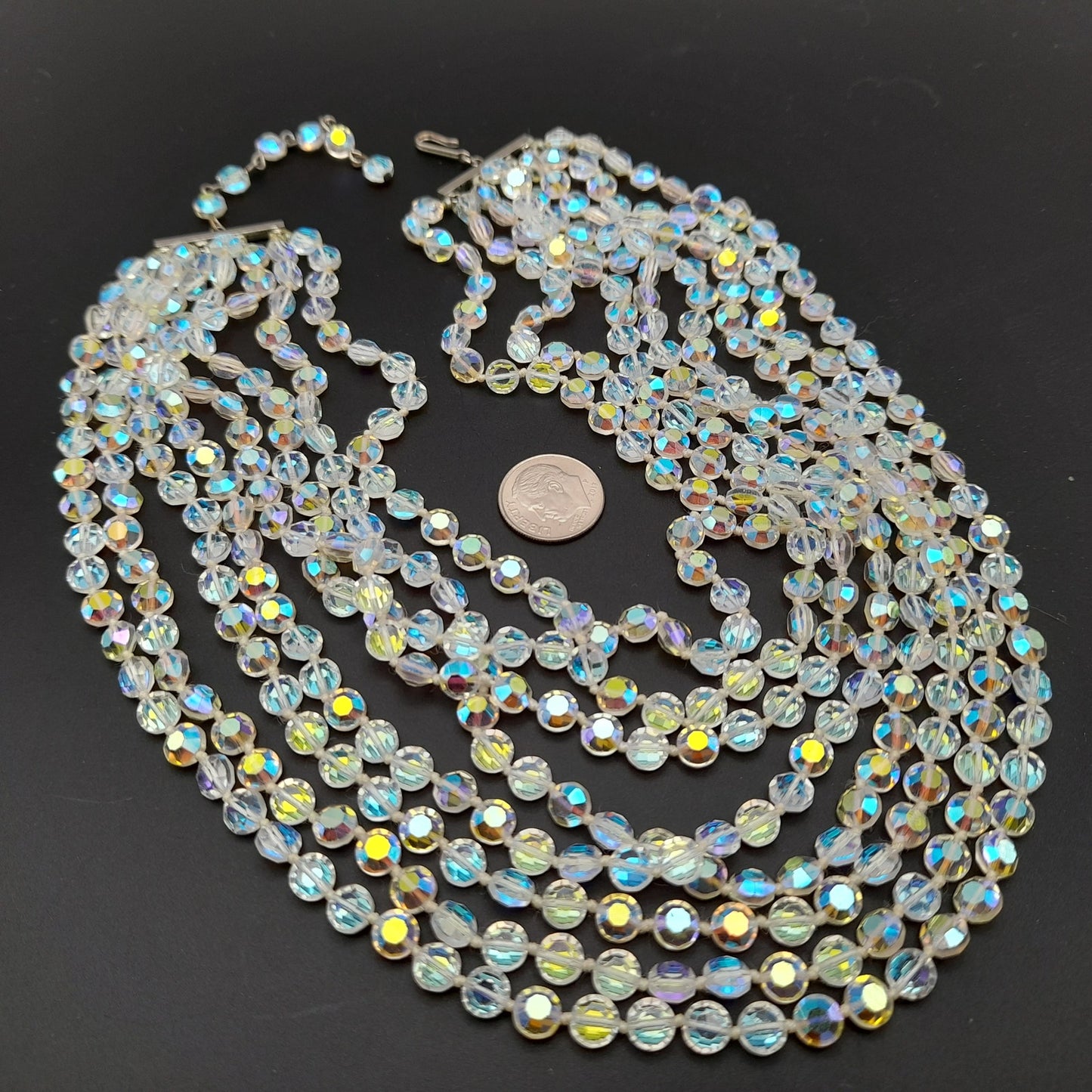 Vintage Flat Crystal Eight Strand Necklace, Hand-knotted, Aurora Borealis