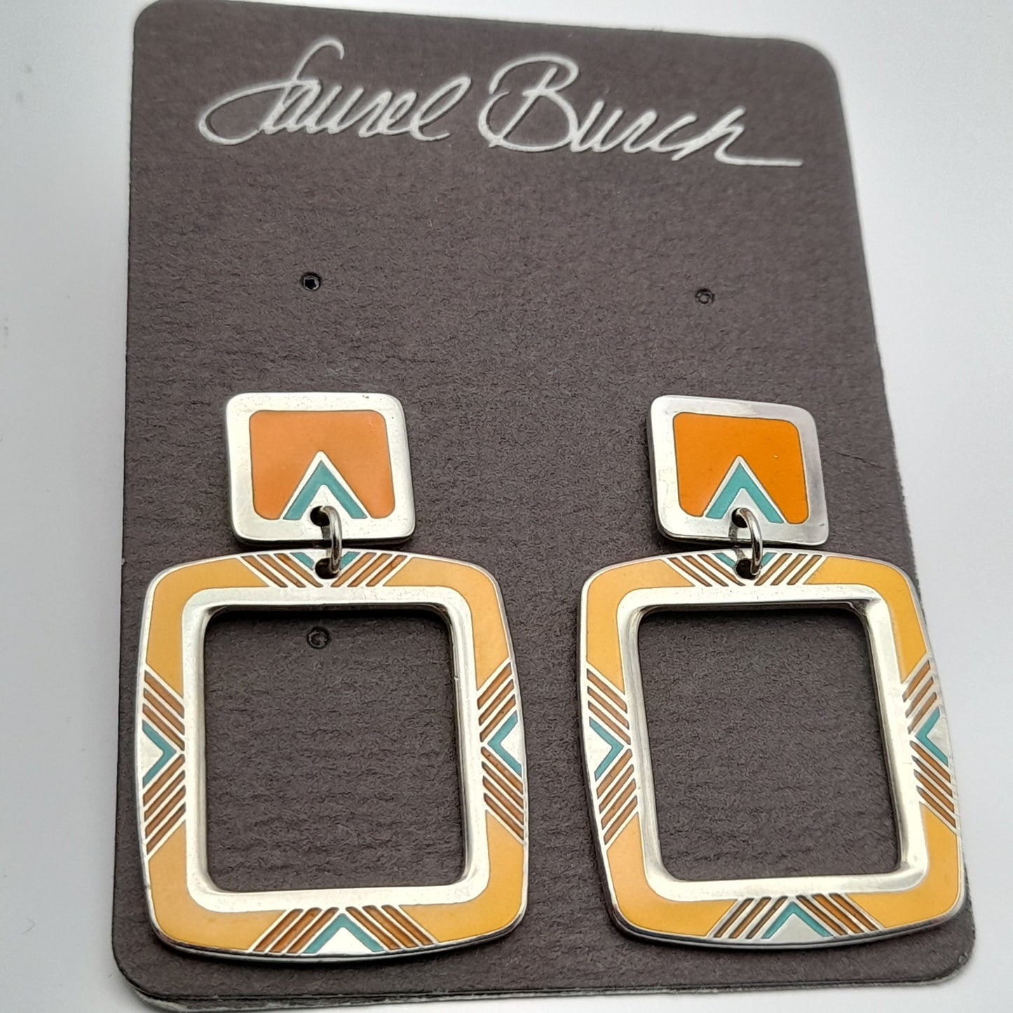 Vintage 1988 Laurel Burch Geometric Yellow Orange Enamel Post Earrings on Original Card