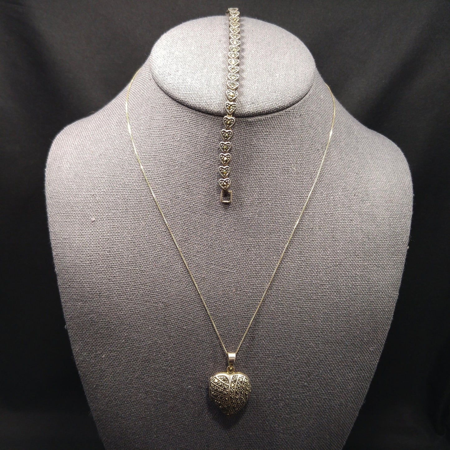 Marsala Silver Heart Locket Necklace & Bracelet, 925 Box Chain, 1980s Vintage Jewelry