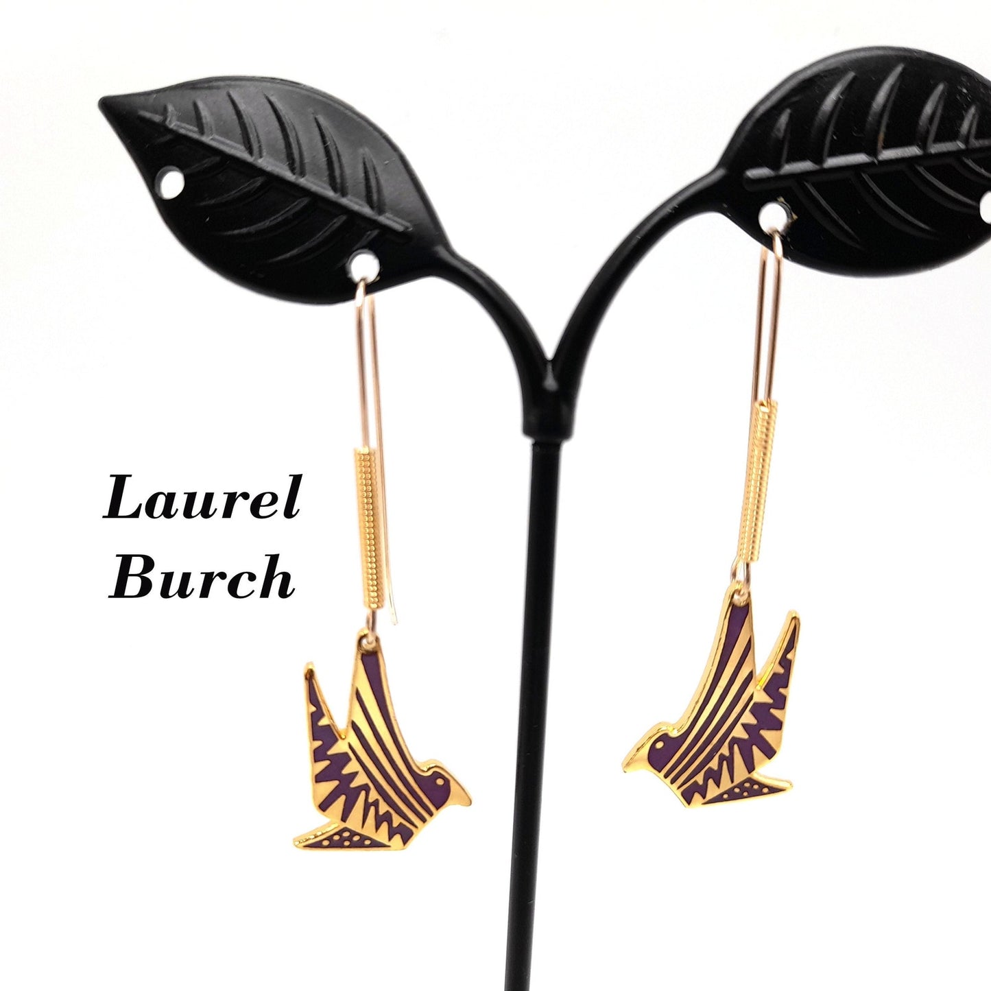 Laurel Burch Long Ear Wire Bird Earrings, Purple Enamel, Gold Plated, 1990s Vintage Jewelry