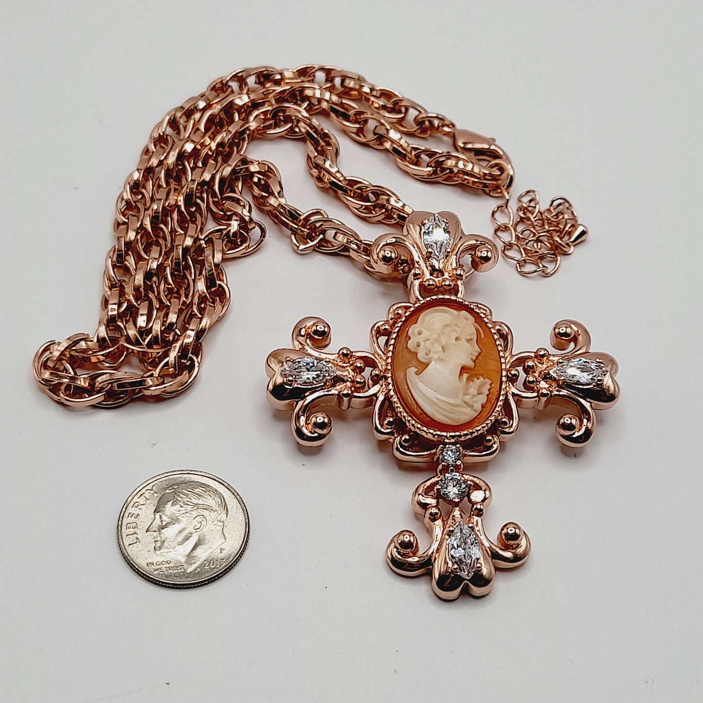 Amedeo Rose Gold Cameo Cross Pendant Necklace with Rhinestones, 18 Inches