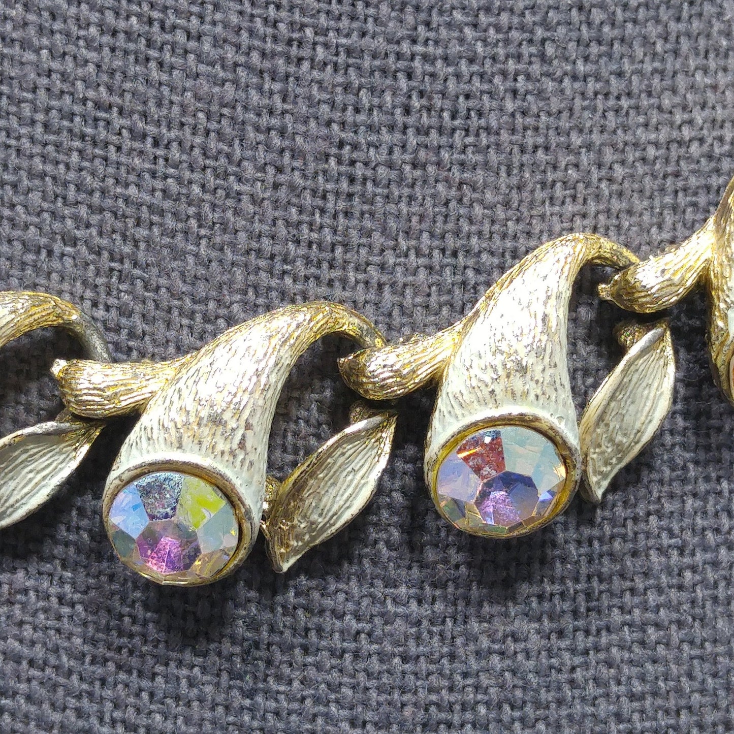Brushed Gold Tone White Enamel Choker Necklace, Aurora Borealis Rhinestones, 1960s Vintage Jewelry