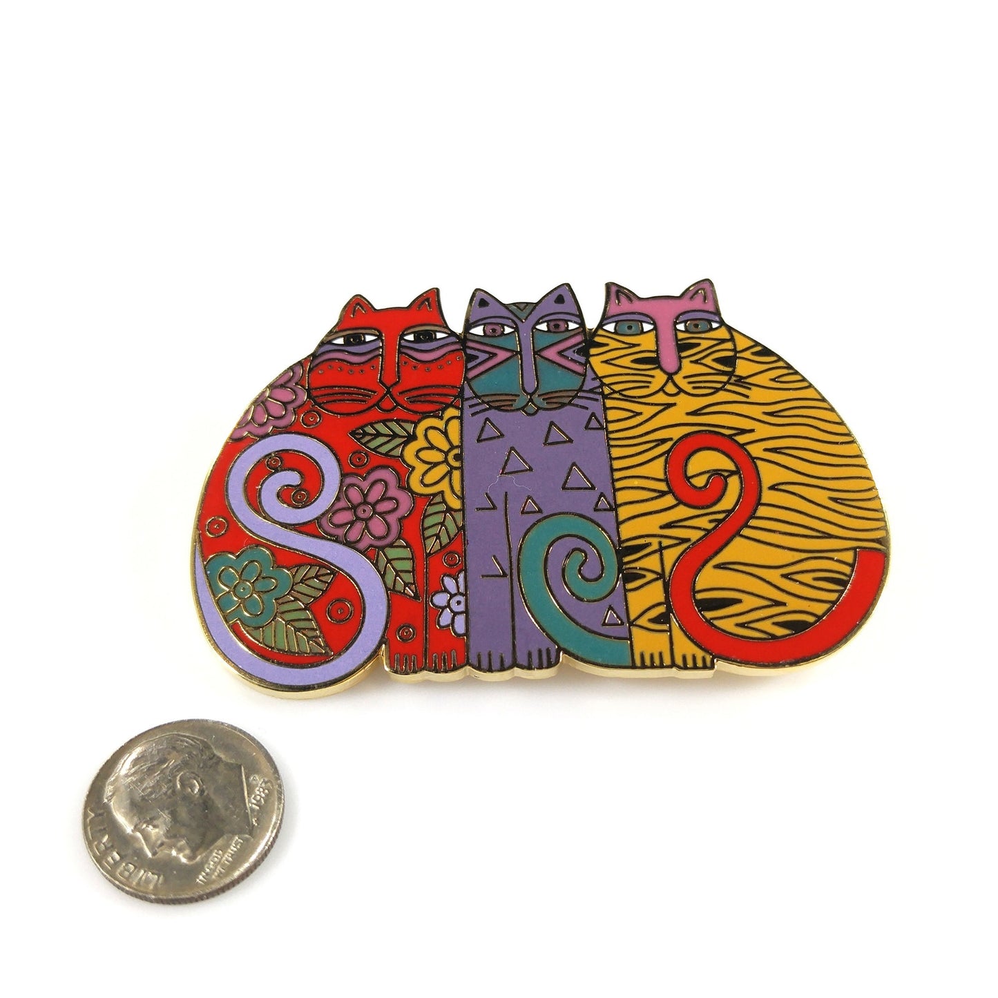 Laurel Burch "Mysticats" Large Cat Brooch, Gold Plated Cloisonne, 1980s Vintage Jewelry