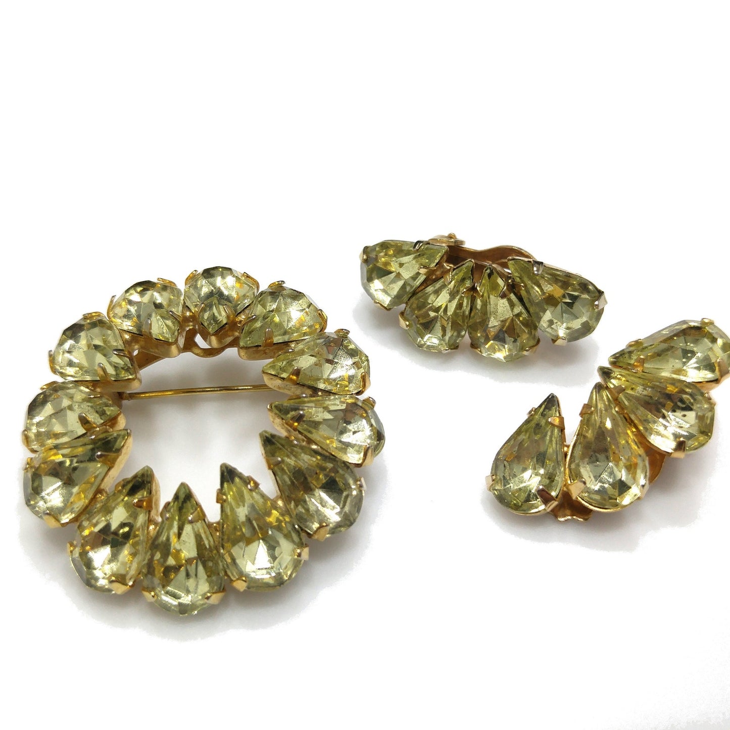 Jonquil Teardrop Rhinestone Brooch & Earrings, Gold Plated, 1950s Vintage Jewelry