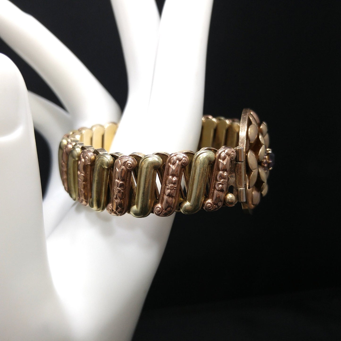 Antique Lustern Expansion Sweetheart Bracelet, 12KGF Sterling, Purple Rhinestones, 1920s Vintage Jewelry