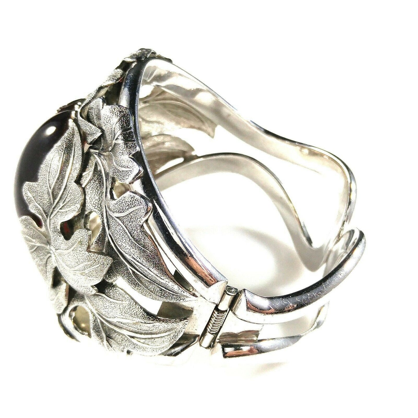 Vintage Whiting & Davis Hinged Cuff Bracelet, Red Glass Cabochon, Rhodium Plated, 1960s Vintage Jewelry