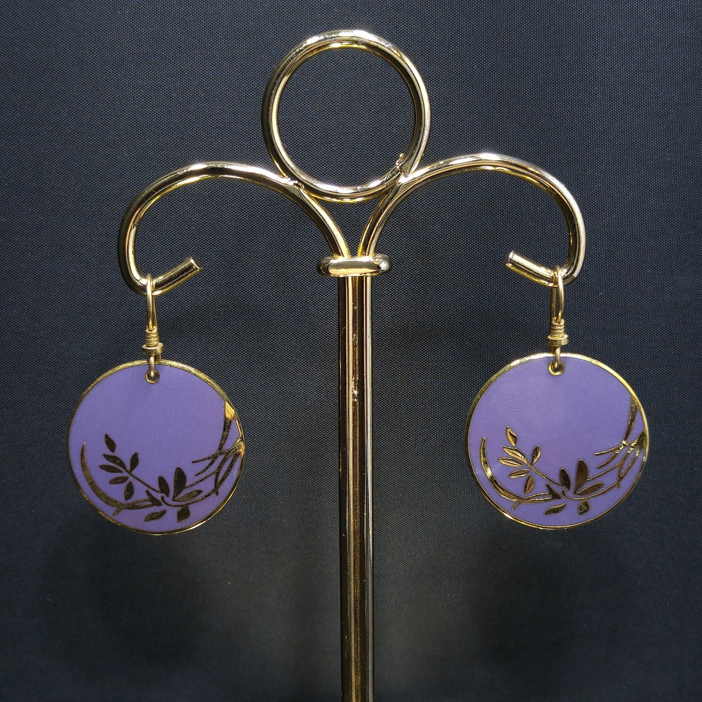 Vintage Laurel Burch Lavender Floral Earrings, Gold Plated Cloisonne