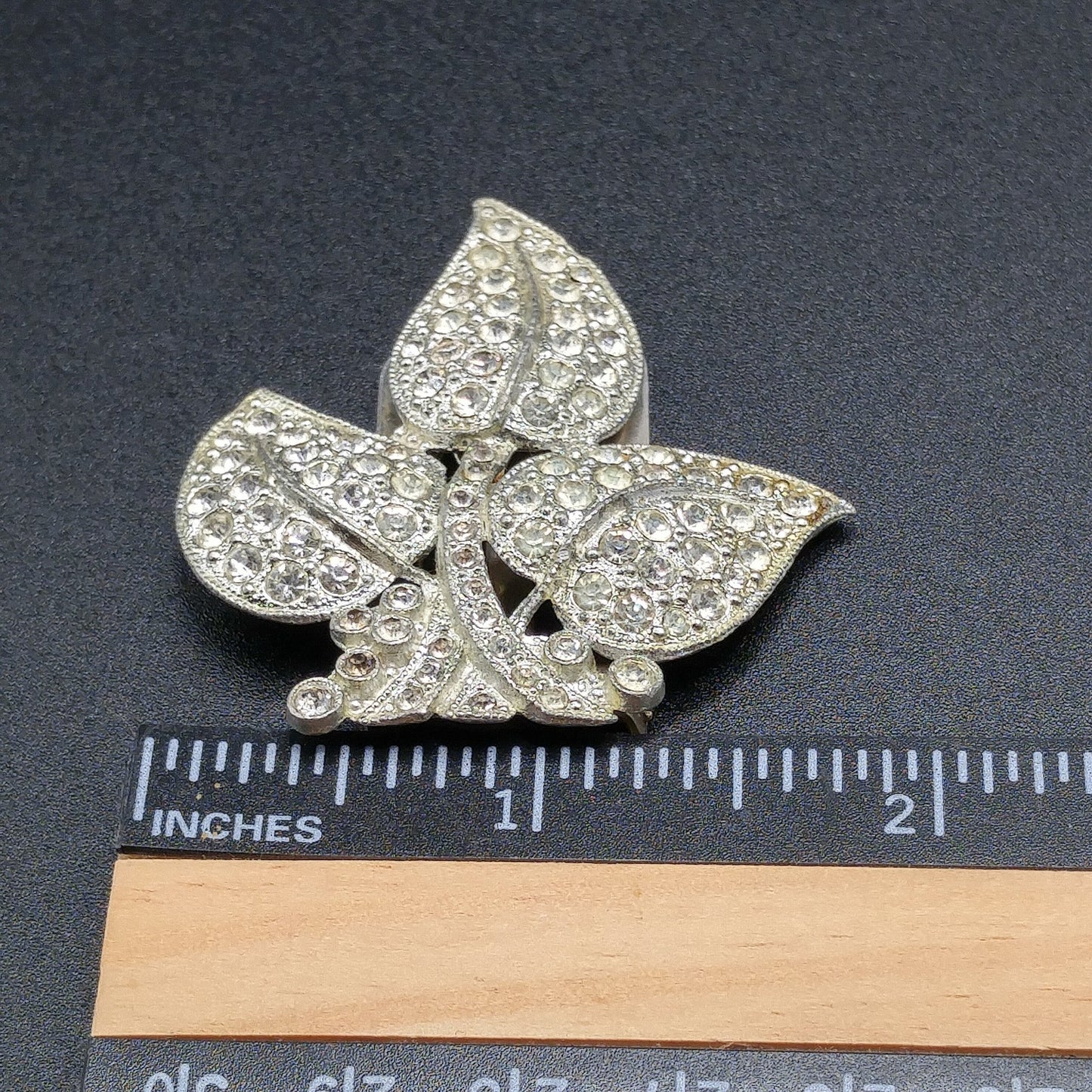 Leaves Clear Rhinestone Dress Clip, Pot Metal, 1930s Vintage Jewelry