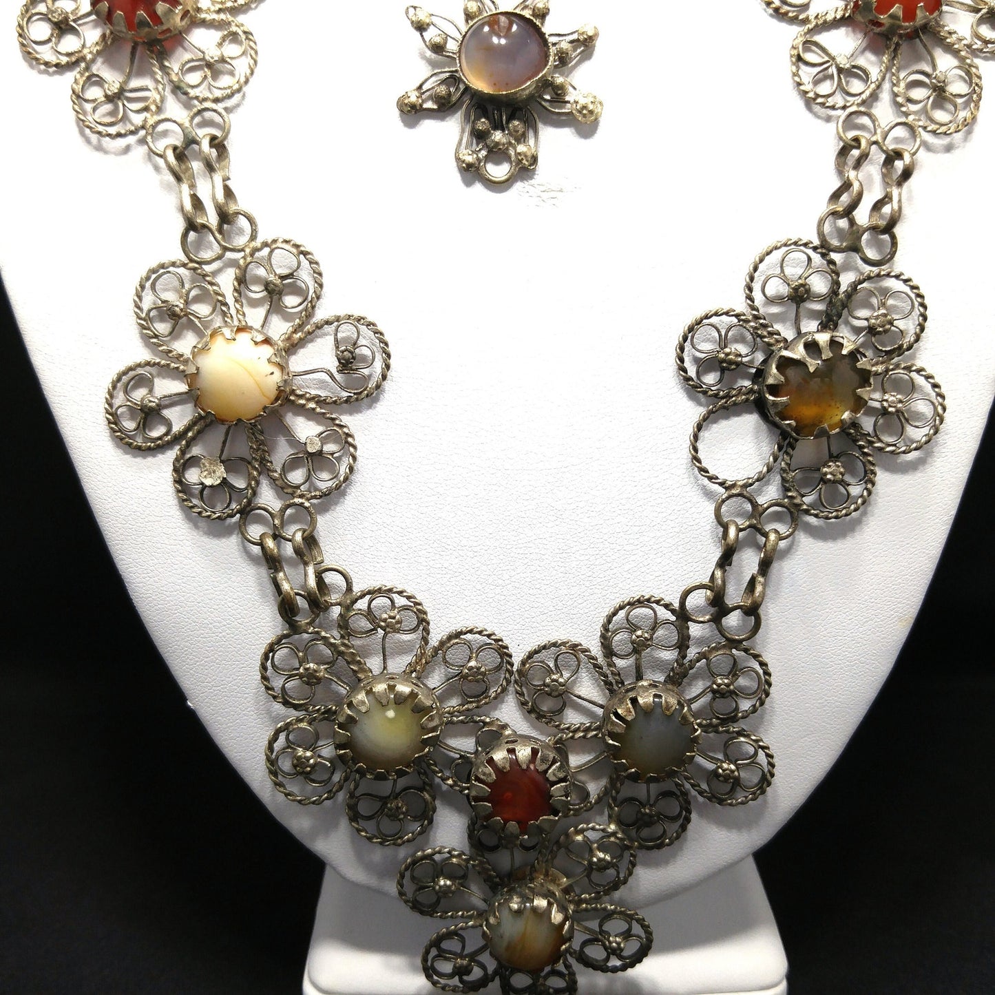 Multicolored Gemstones Twisted Wire Necklace & Bracelet, German or Nickel Silver, 1970s Vintage Jewelry