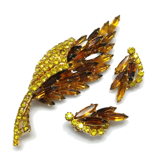 Yellow Topaz Rhinestones Brooch & Earrings, Gold Plated, 1960s Vintage Jewelry