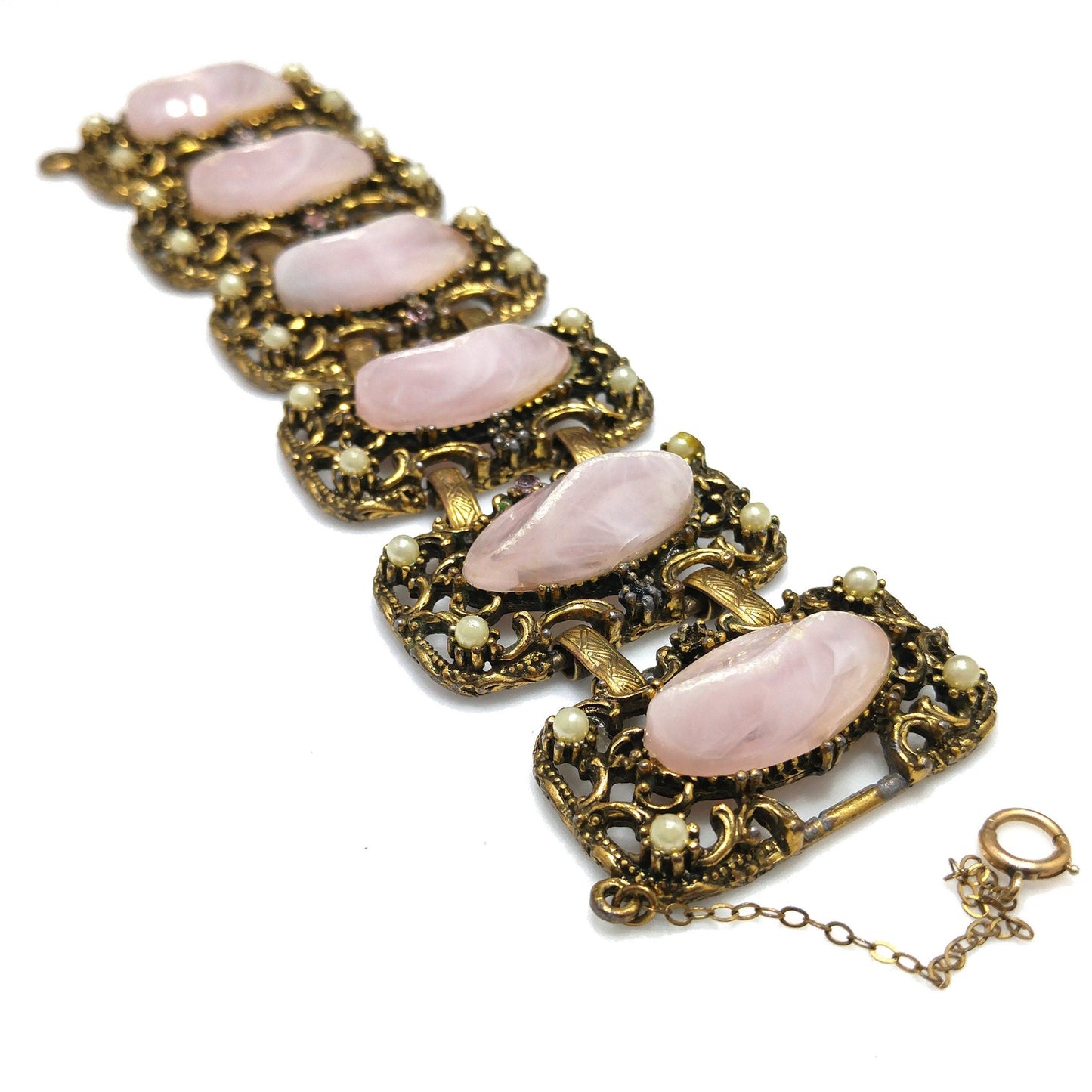 Vintage Chunky Art Glass Wide Bracelet, Pink Glass, 1940s 1950s Vintage Jewelry