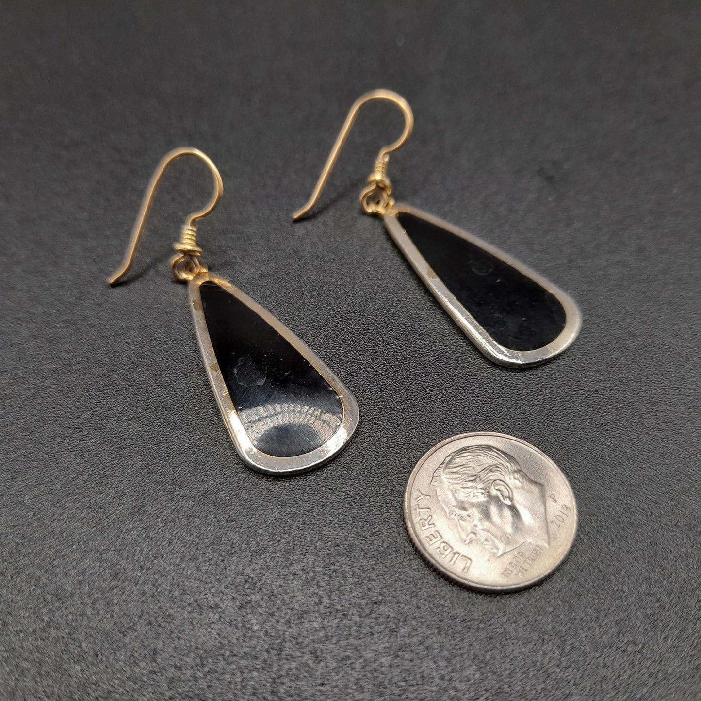 Vintage Laurel Burch Long Teardrop Black Enamel Earrings, Gold Plated 1980s
