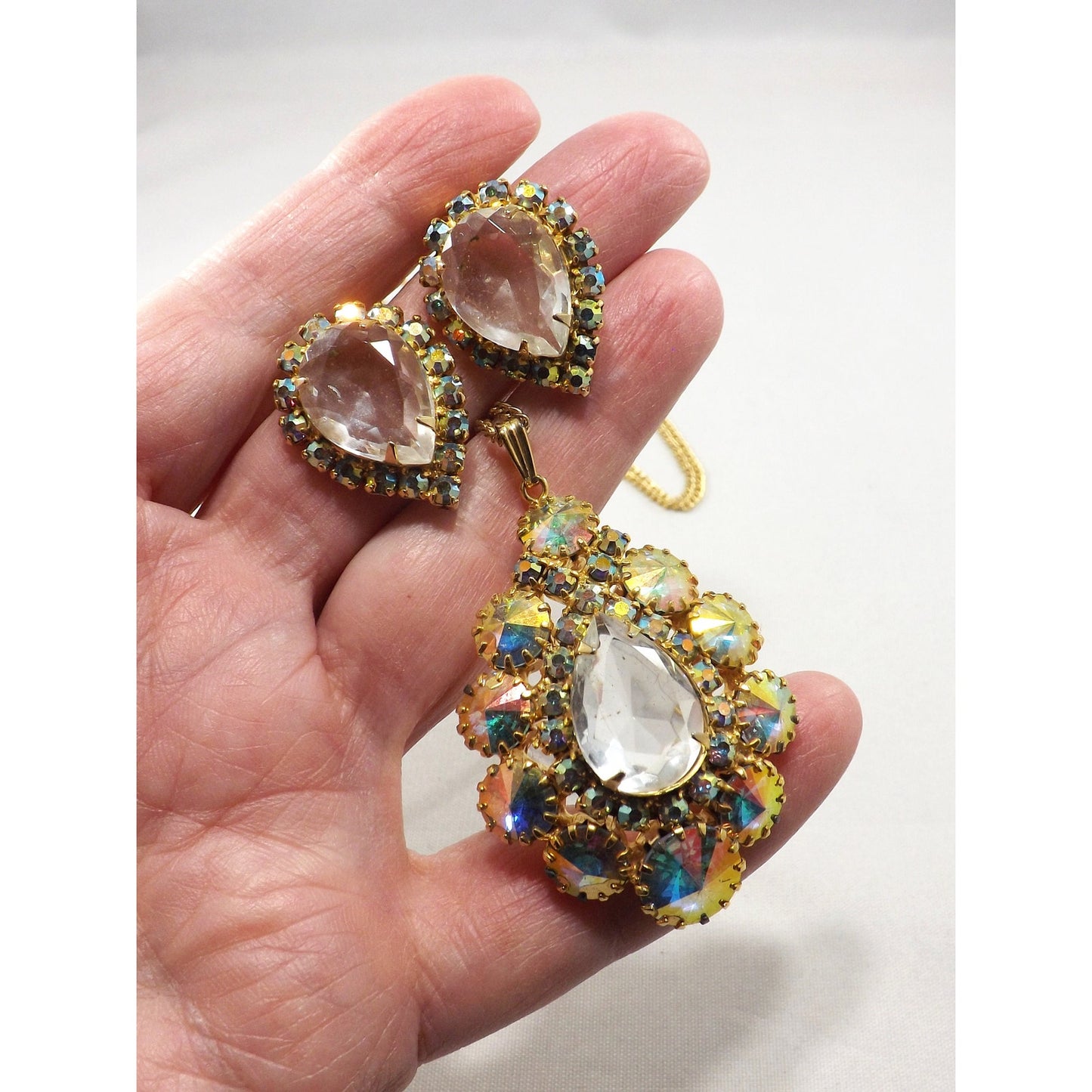 Vintage AB Pendant Necklace & Earrings, Rivoli Rhinestones, Gold Plated