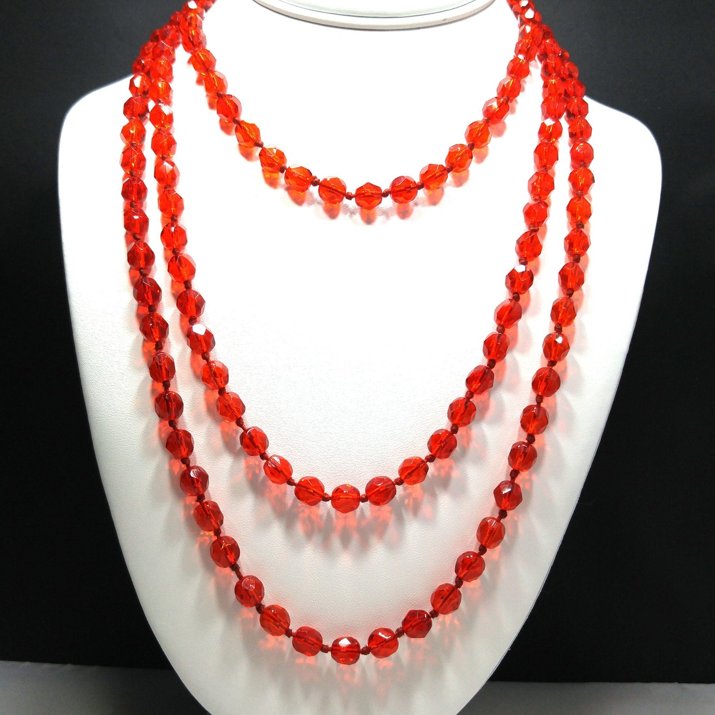 Vintage Red Crystal Hand Knotted Long Necklace, 62 Inches, No Clasp, 1960s Vintage Jewelry