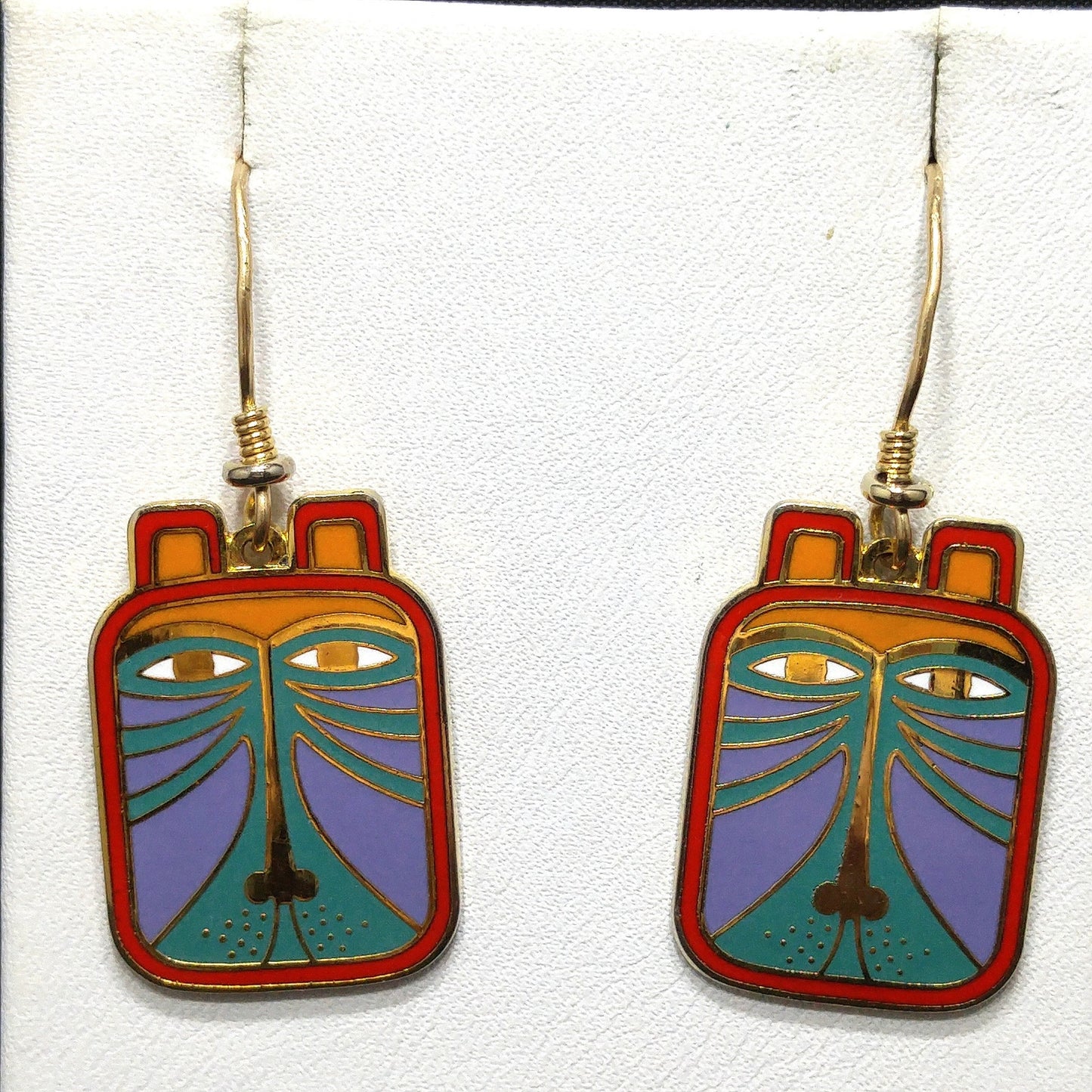 Laurel Burch "Toshio" Drop Earrings, Gold Plated & Enamel Cloisonné, 1980s Vintage Jewelry