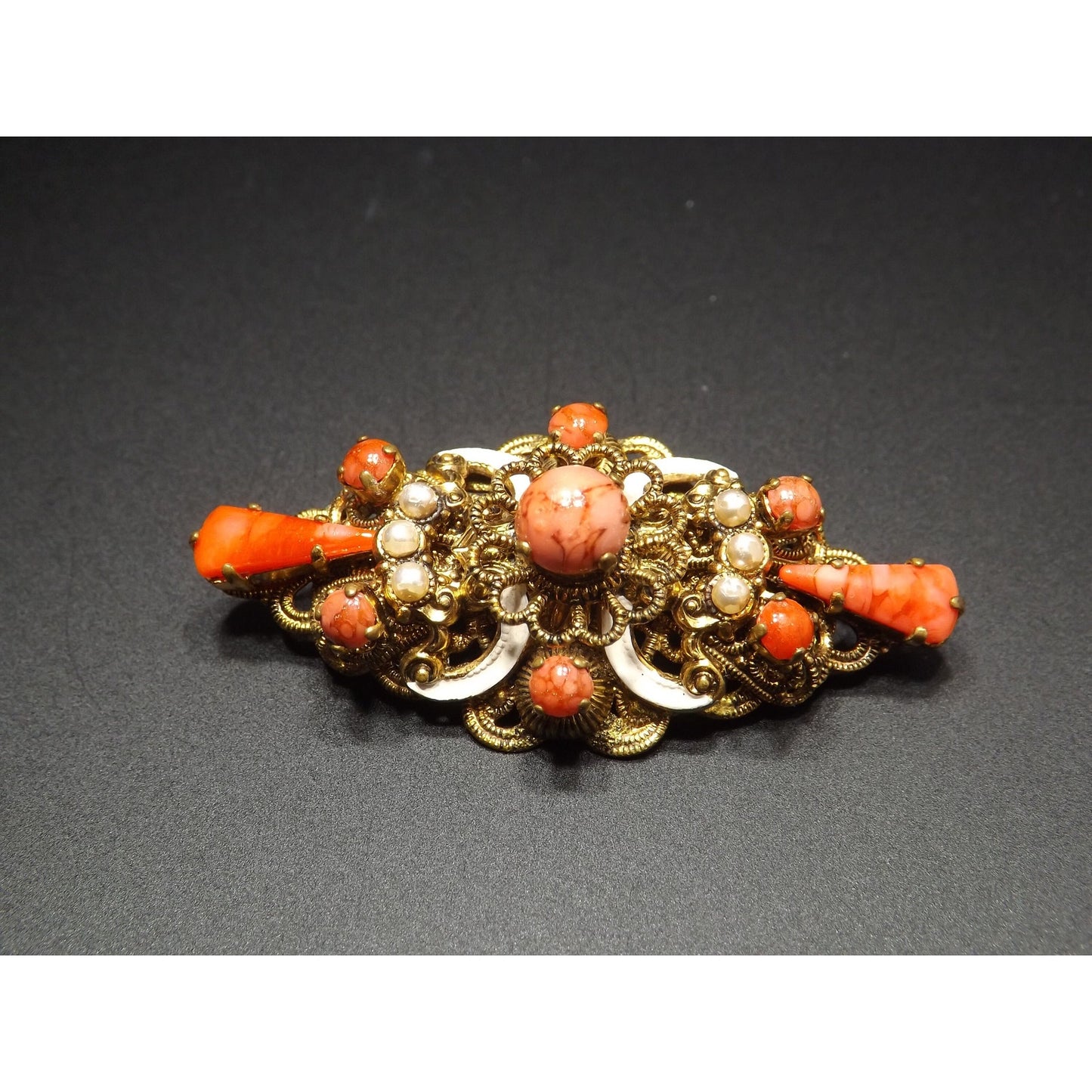 Germany Orange Art Glass Filigree Brooch, Faux Pearls, White Enamel, 1940s Vintage Jewelry