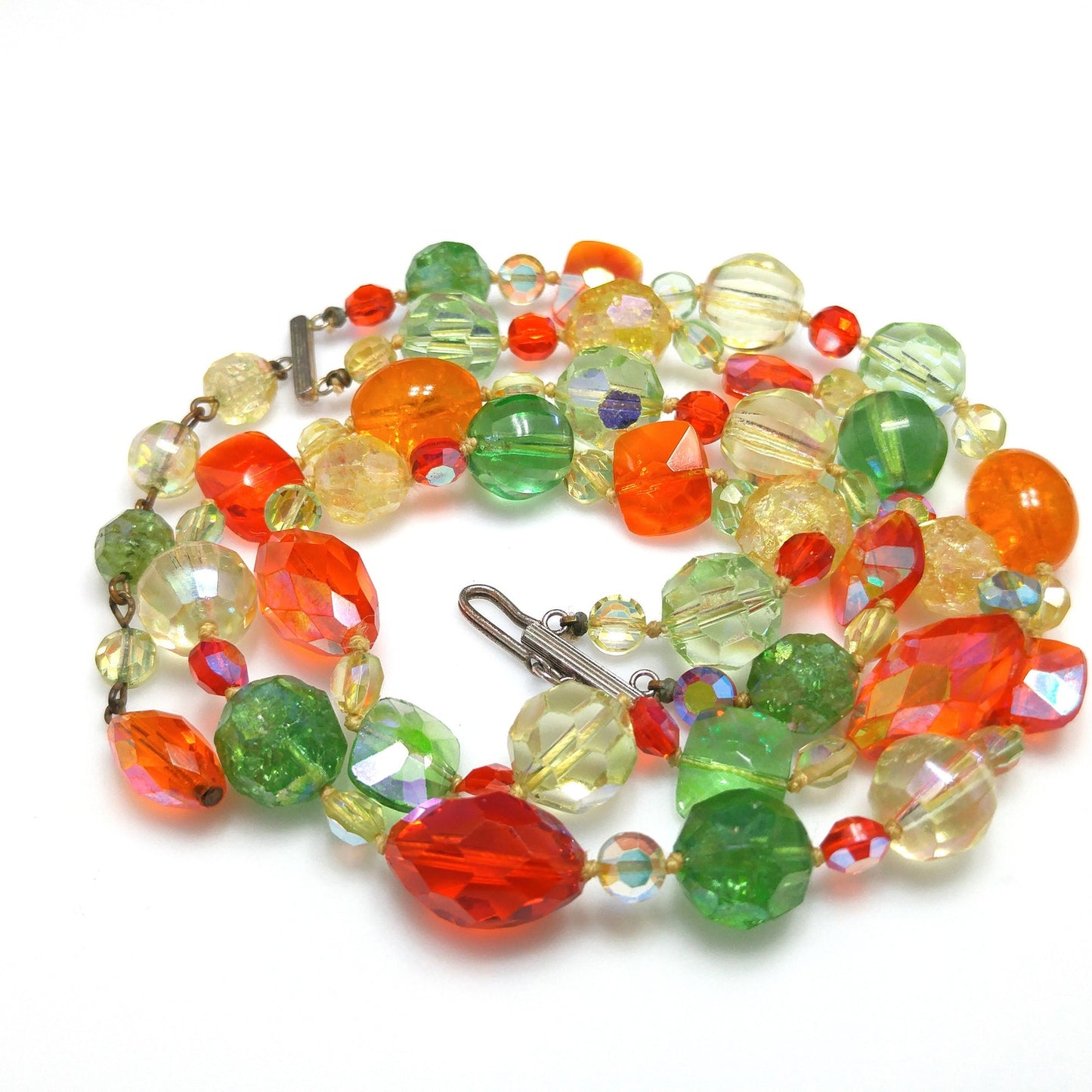 Crystal & Molded Glass Beaded Necklace, Orange Green Yellow, 1950s Vintage Jewelry