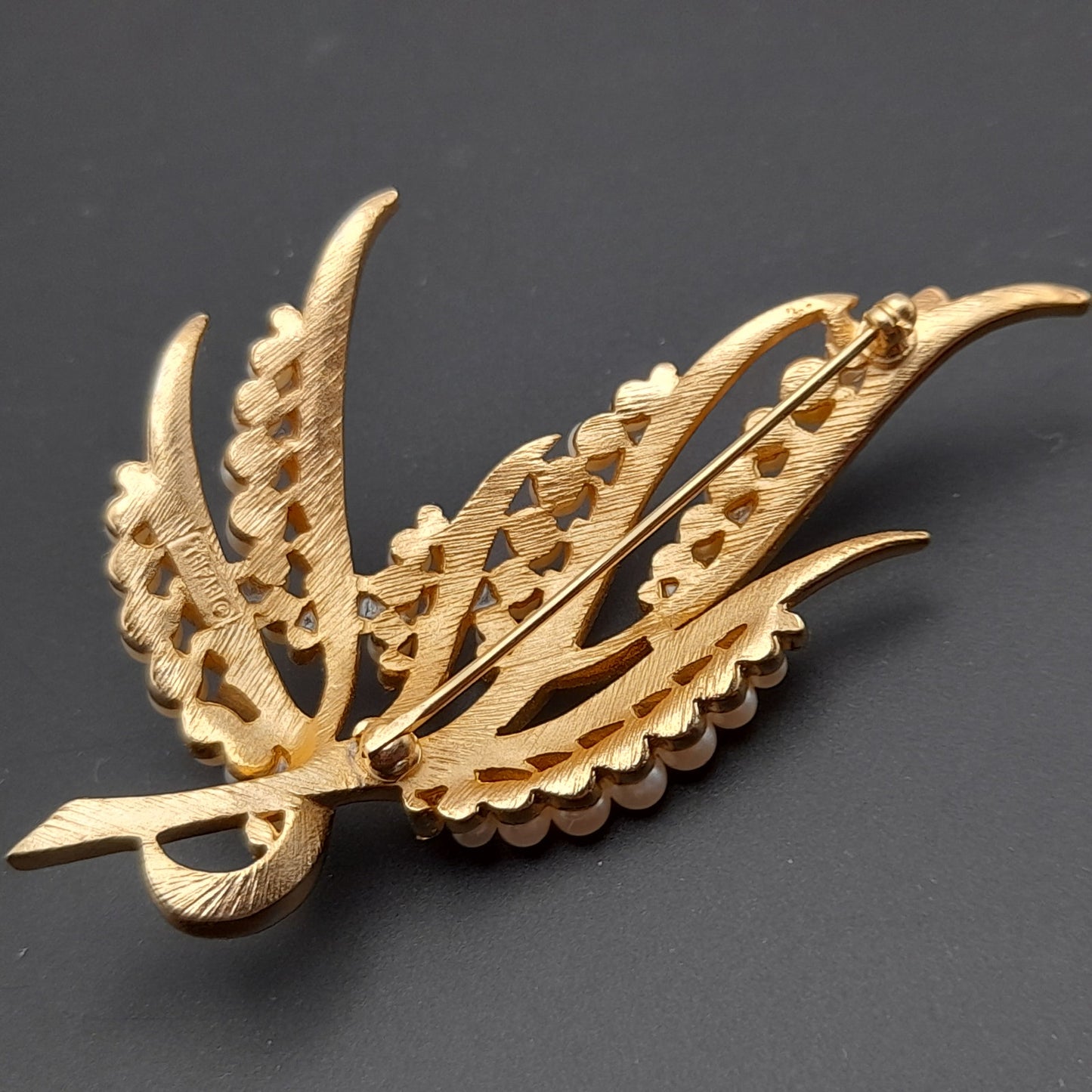 Vintage Crown Trifari Brooch – Gold Plated Satin Finish with Faux Pearls & Rhinestones