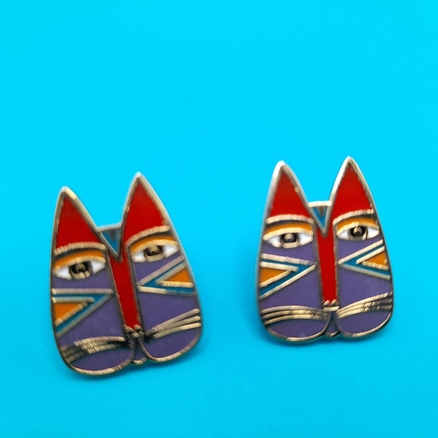Laurel Burch "Gato" Cat Post Earrings, Enamel Cloisonne, Gold Plated, 1980s Vintage Jewelry