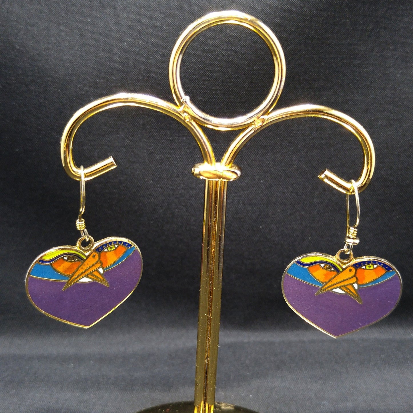 Vintage Laurel Burch Purple Bird Heart Earrings, Gold Plated