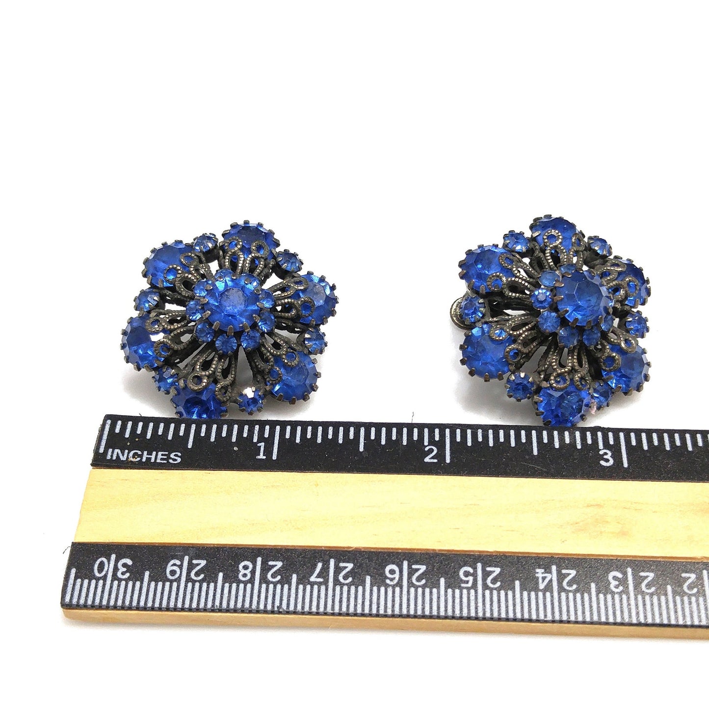 Vendome Blue Rhinestone Floral Clip Earrings, Antiqued Silver Tone, 1950s Vintage Jewelry