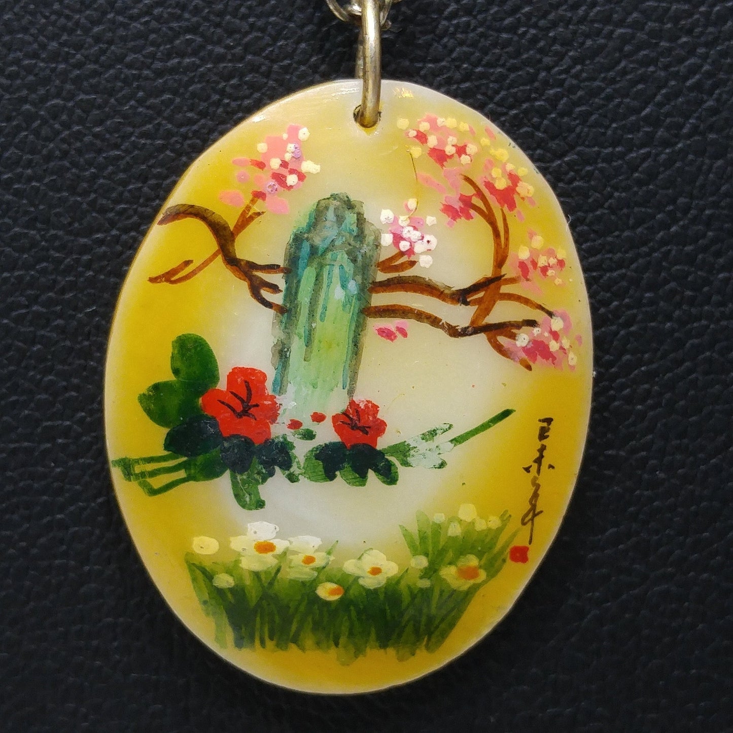 Vintage Asian Hand Painted Shell Pendant, Cherry Blossoms, 1960s Vintage Jewelry