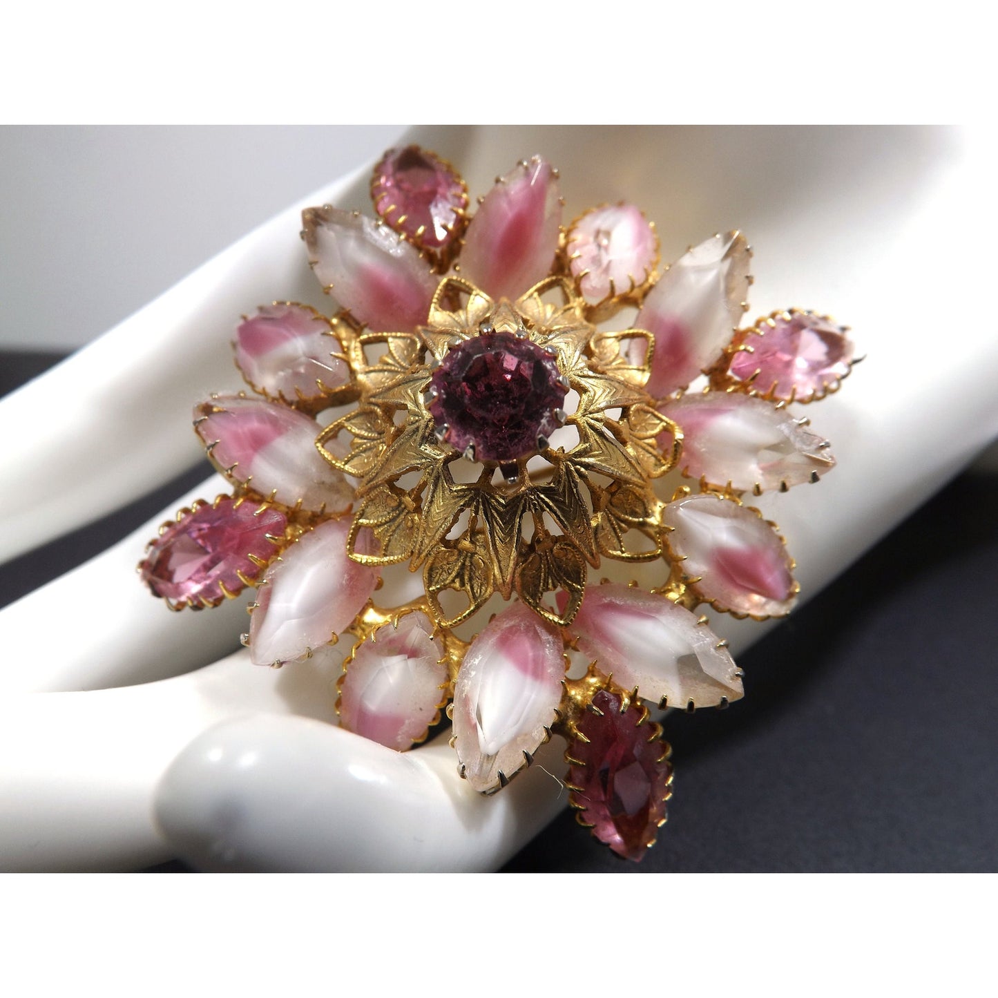 Pink Rhinestone Art Glass Domed Floral Brooch, Gold Plated Filigree, 1960s Vintage Jewelry
