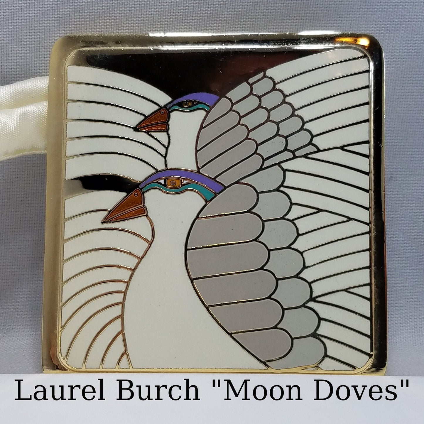 Vintage Laurel Burch "Moon Doves" Pendant Necklace, Gold Plated Cloisonne