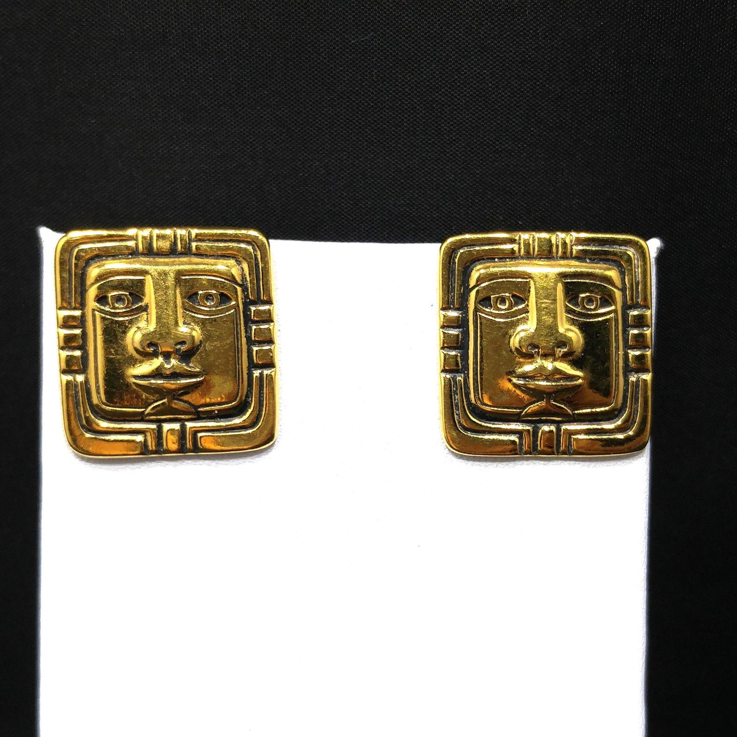 Vintage Laurel Burch Aztec Face Post Earrings, Gold Plated