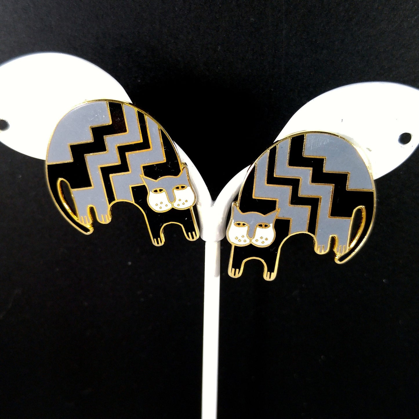 Vintage Laurel Burch "Aztec Cat" Post Earrings, Gold Plated, Black Gray Enamel